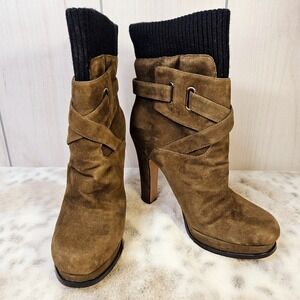 Joan & David Beesley Sweater Cuff Brown Suede Ankle Booties 8.5M Platform Heeled